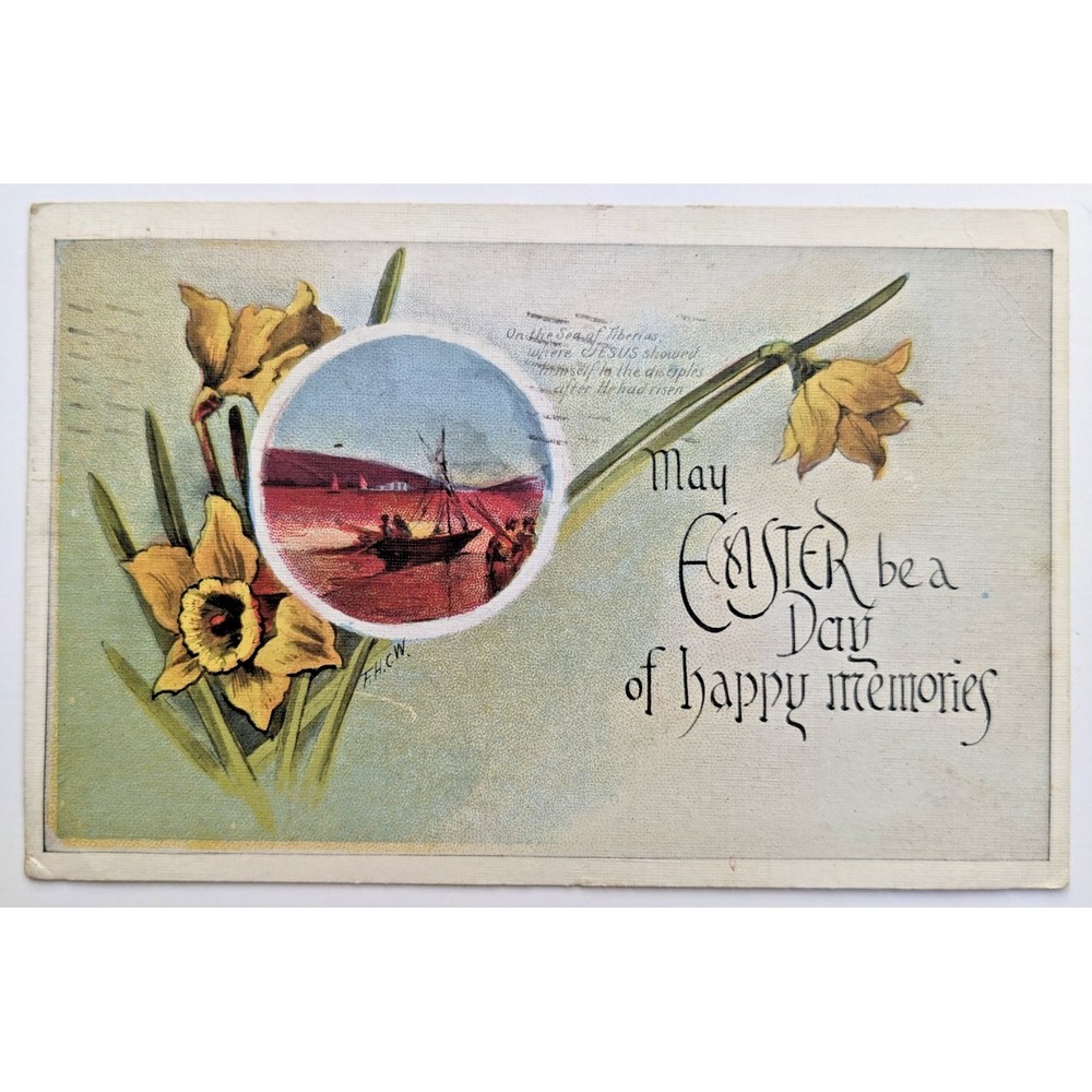 Antique Easter Postcard‎ Daffodils Religious Scene "Day of Happy Memories" FHCW